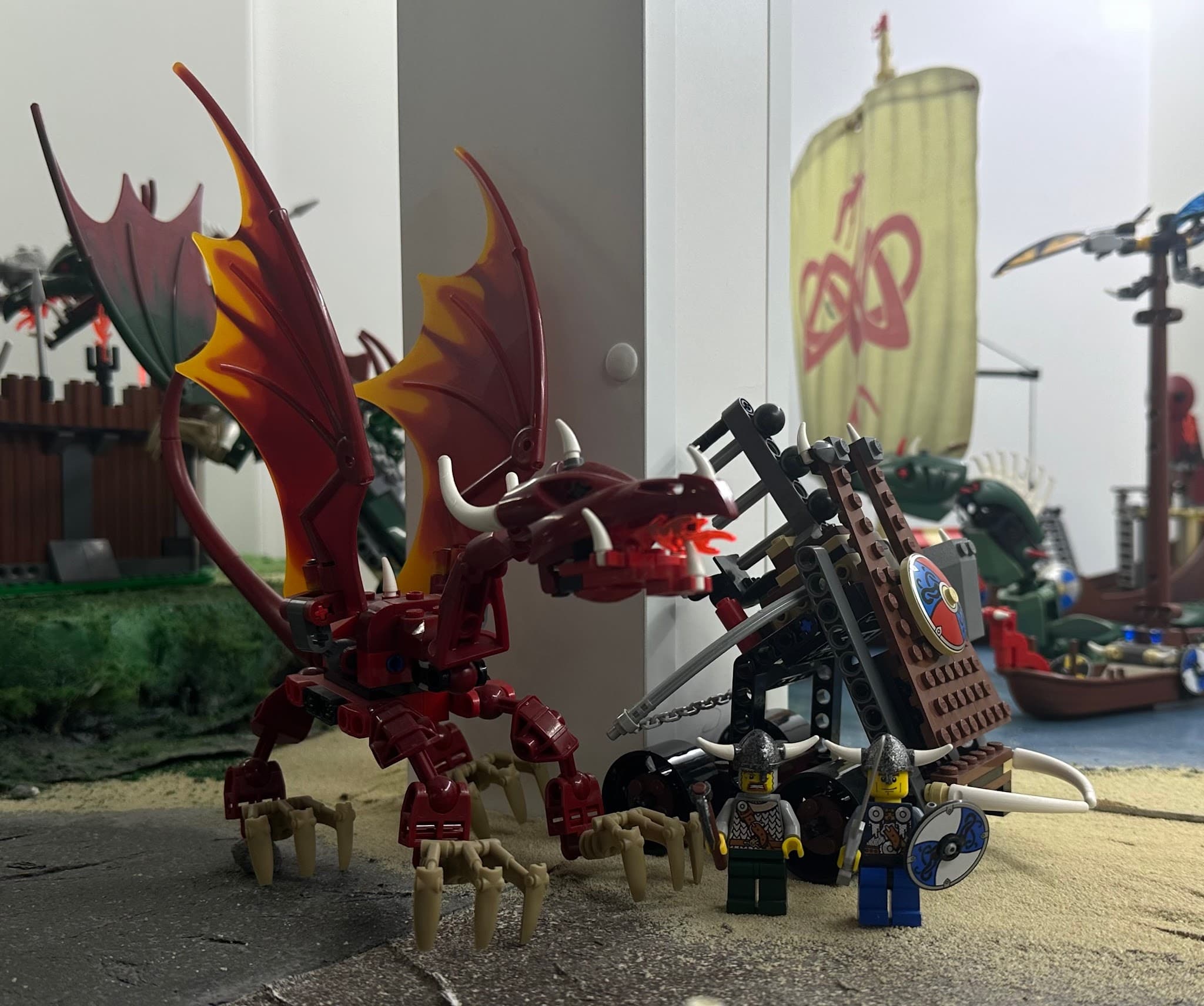 LEGO 7017 Viking Catapult versus the Nidhogg Dragon