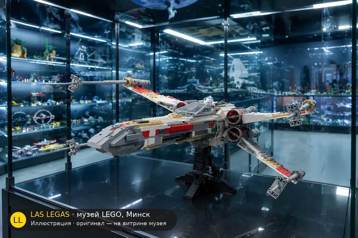 Иллюстрация: LEGO 10240 Красный Пятый X-wing истребитель на витрине в зале музея Las Legas
