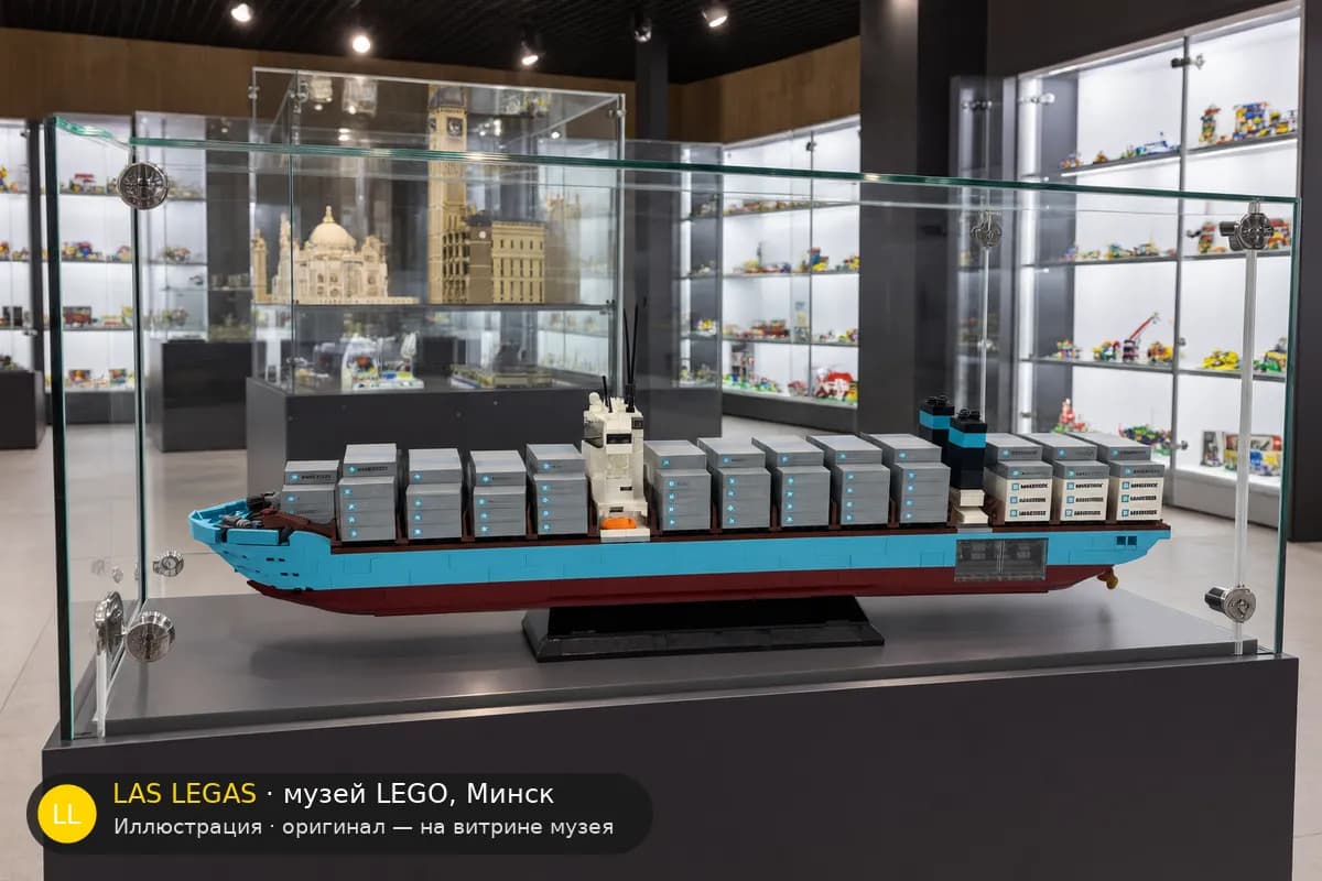 Иллюстрация: LEGO 10241 Maersk Line Triple-E на витрине в зале музея Las Legas