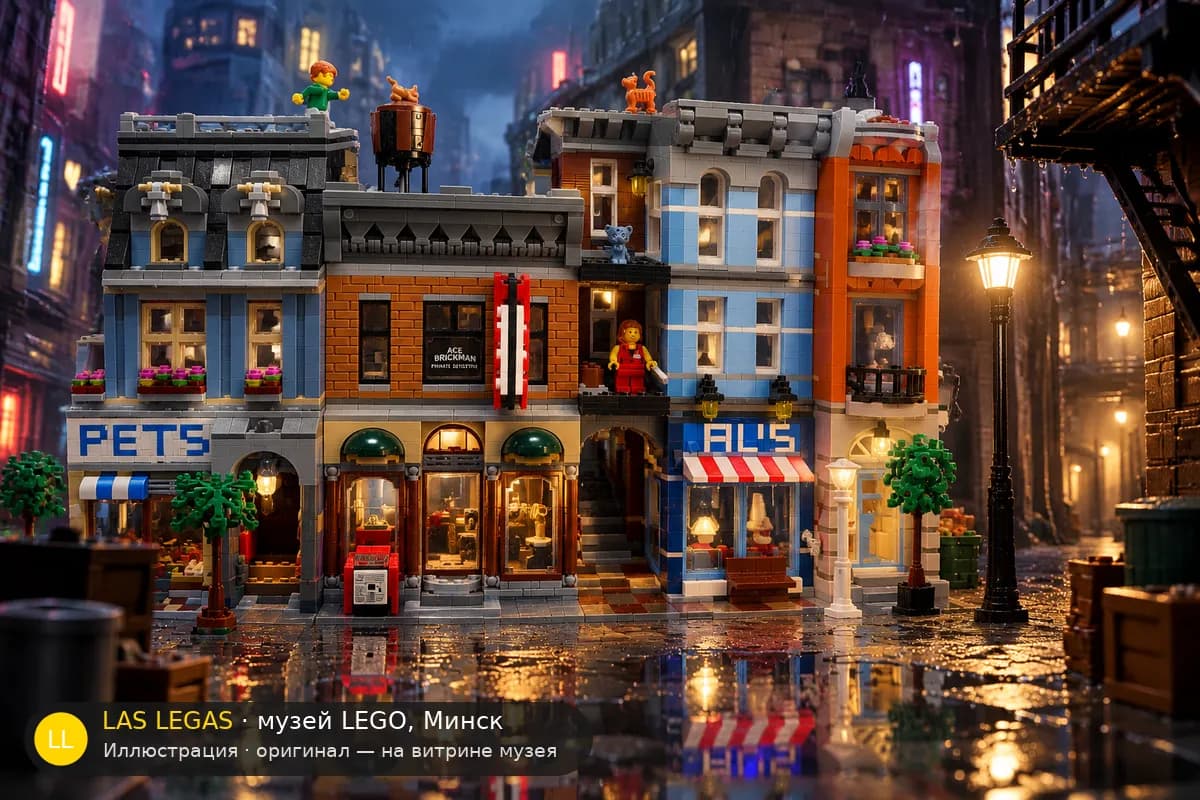 Иллюстрация: LEGO 10246 Дом детектива в диораме своего сюжета