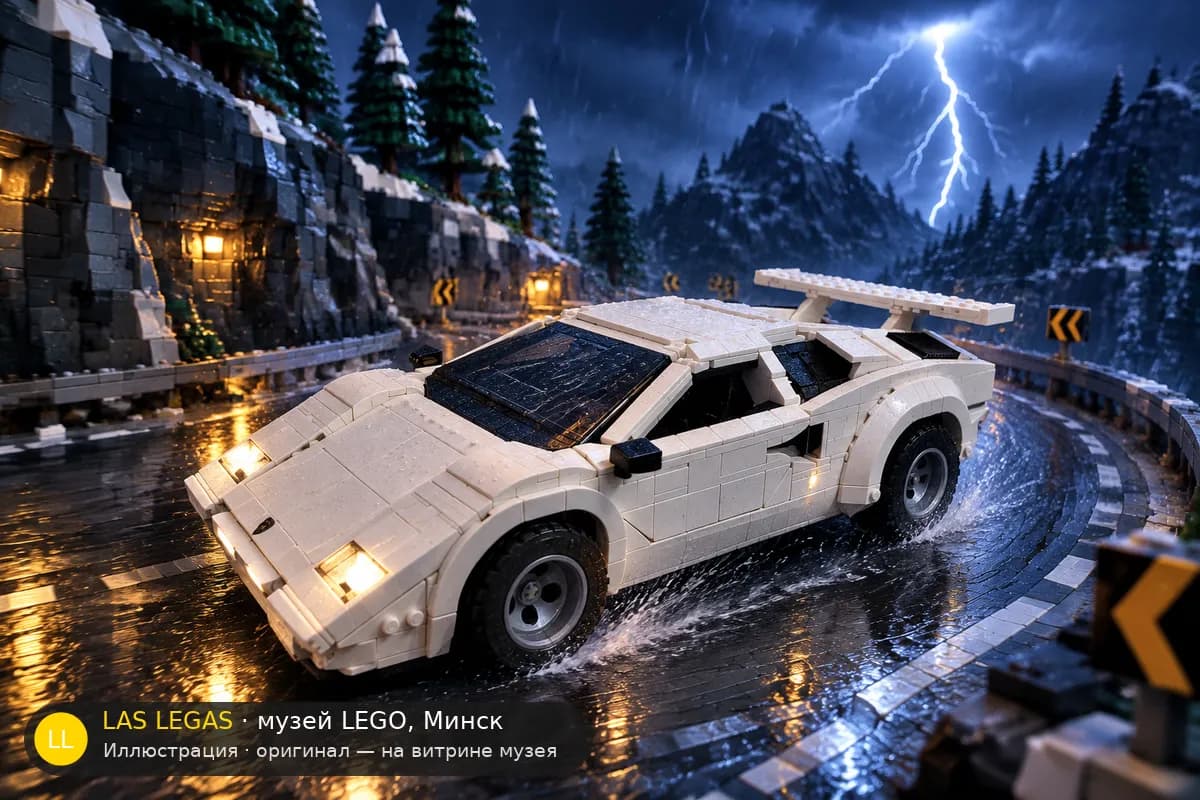 Иллюстрация: LEGO 10337 Ламборгини Каунтач 5000 Quattrovalvole в диораме своего сюжета