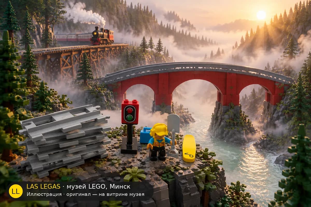 Иллюстрация: LEGO 10872 Мост и пути в диораме своего сюжета