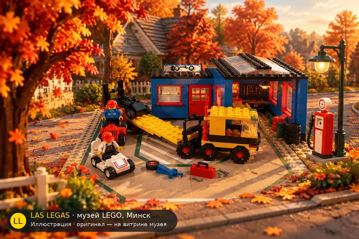 Иллюстрация: LEGO 1966 Автомастерская в диораме своего сюжета