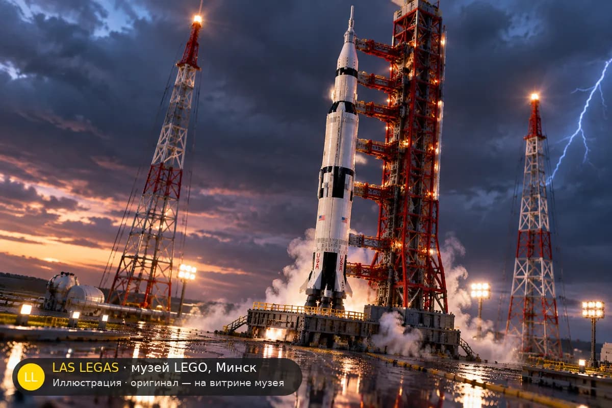 Иллюстрация: LEGO 21309 Ракета Сатурн-5 в диораме своего сюжета