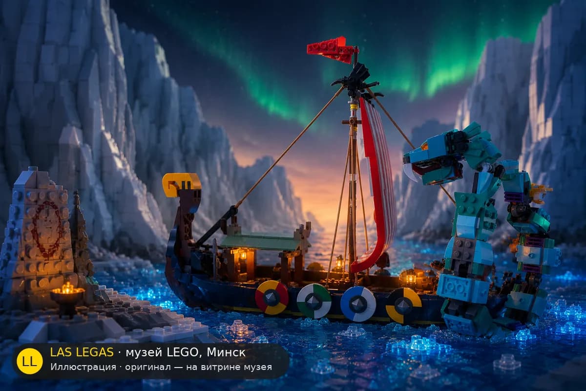 Иллюстрация: LEGO 31132 Драккар викингов и Змей Мидгарда в диораме своего сюжета