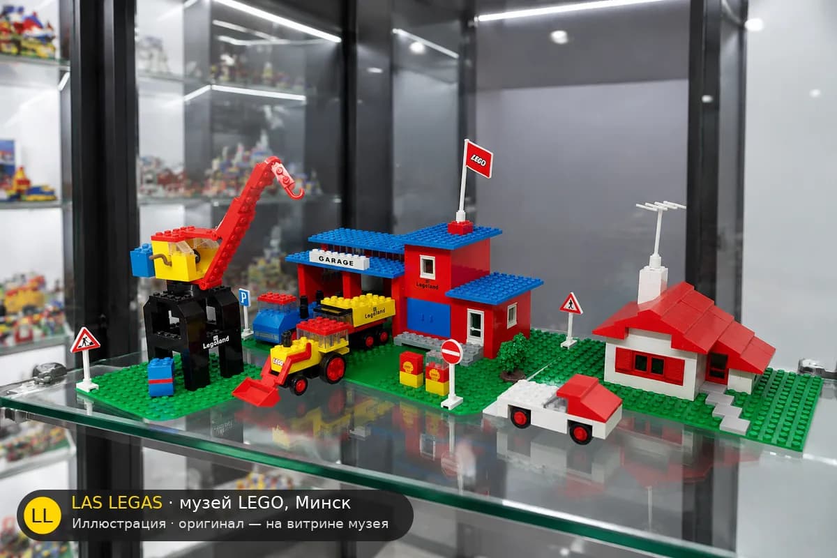 Иллюстрация: LEGO 355 Городской центр с дорогами на витрине в зале музея Las Legas