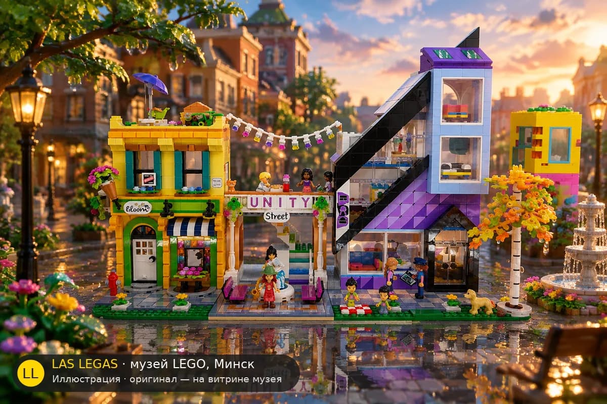 Иллюстрация: LEGO 41732 Цветочный салон и студия дизайна в центре города в диораме своего сюжета