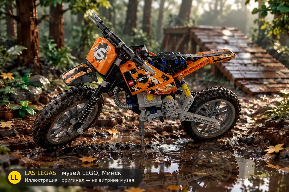 Иллюстрация: LEGO 42007 Кроссовый мотоцикл в диораме своего сюжета