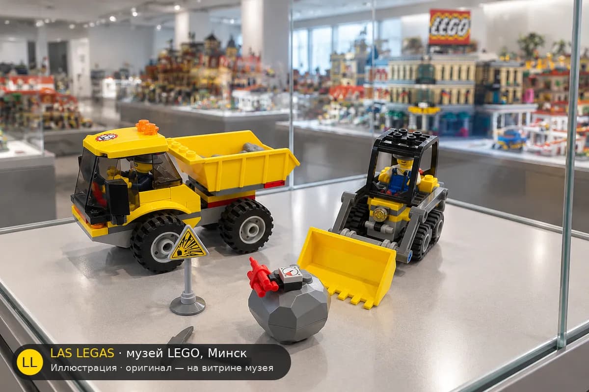 Иллюстрация: LEGO 4201 Погрузчик и самосвал на витрине в зале музея Las Legas