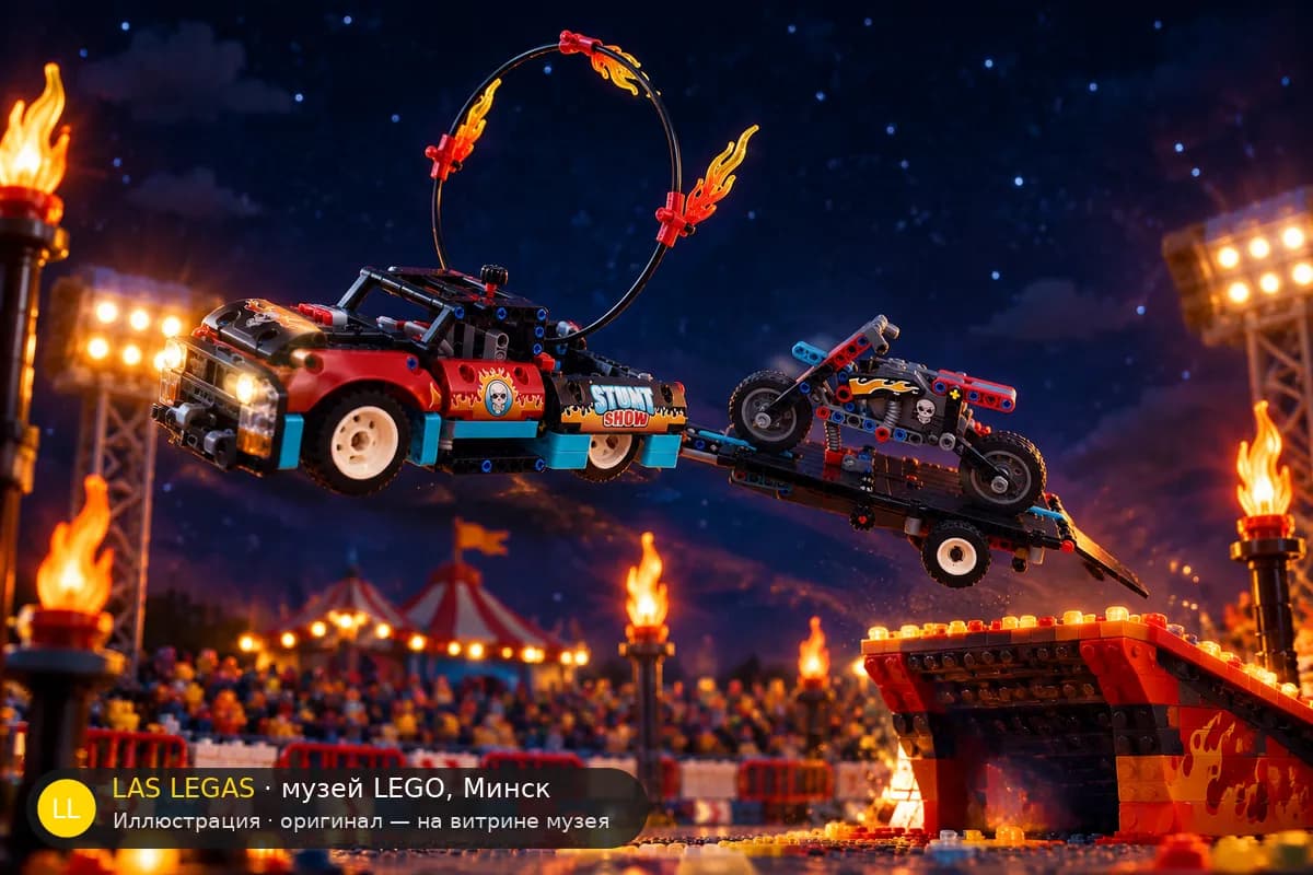 Иллюстрация: LEGO 42106 Грузовик и мотоцикл для трюков в диораме своего сюжета