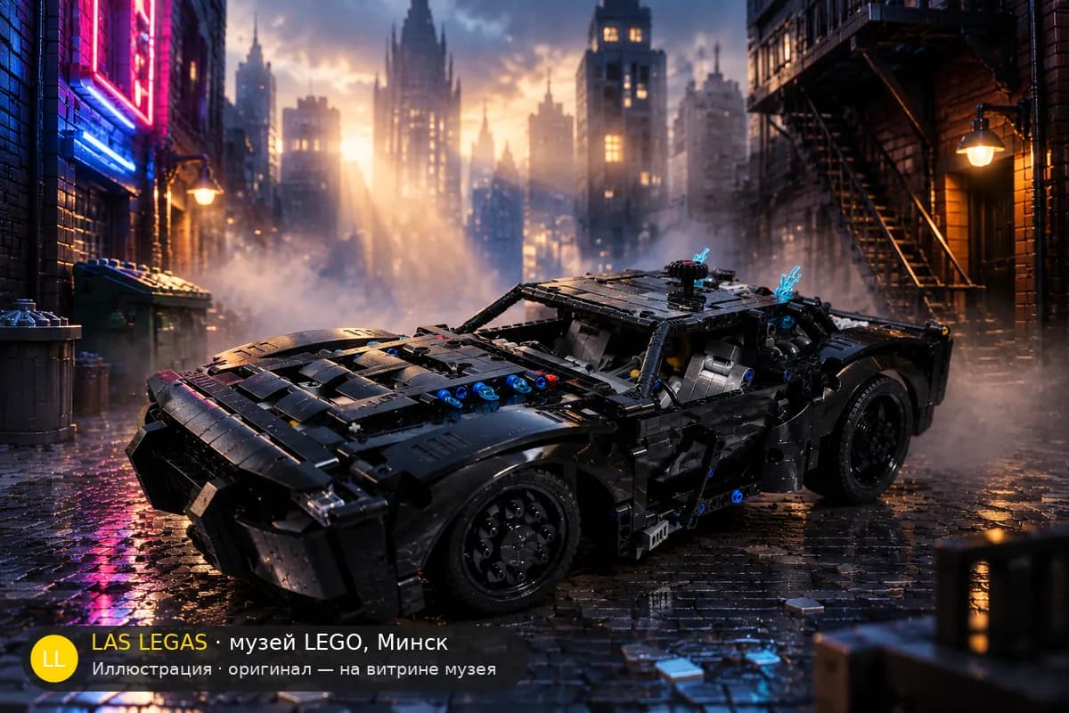 Иллюстрация: LEGO 42127 Бэтмобиль из фильма «Бэтмен» в диораме своего сюжета