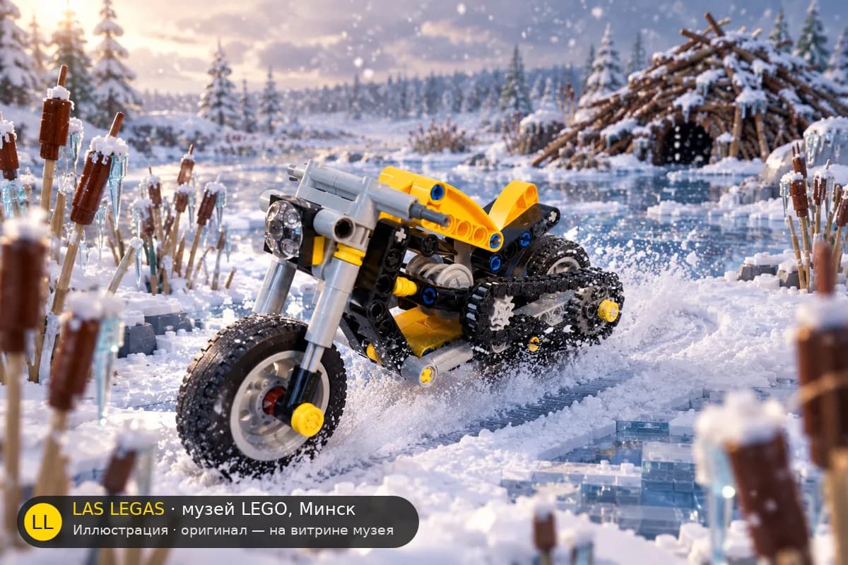 Иллюстрация: LEGO 42225 Жёлтый мотоцикл в диораме своего сюжета