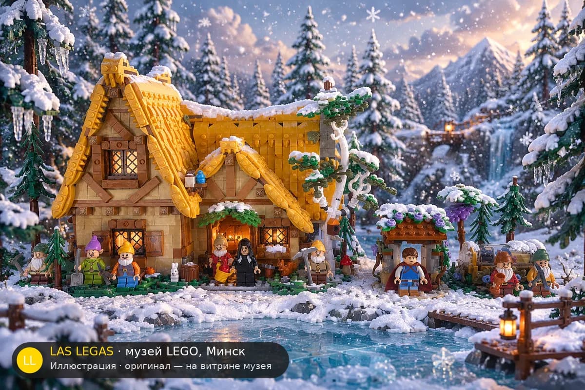 Иллюстрация: LEGO 43242 Домик Белоснежки и семи гномов в диораме своего сюжета