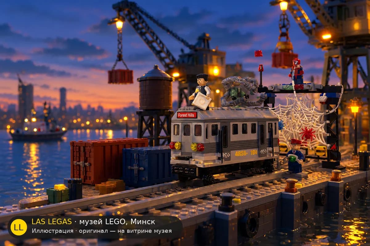 Иллюстрация: LEGO 4855 Спасение поезда Человеком-пауком в диораме своего сюжета