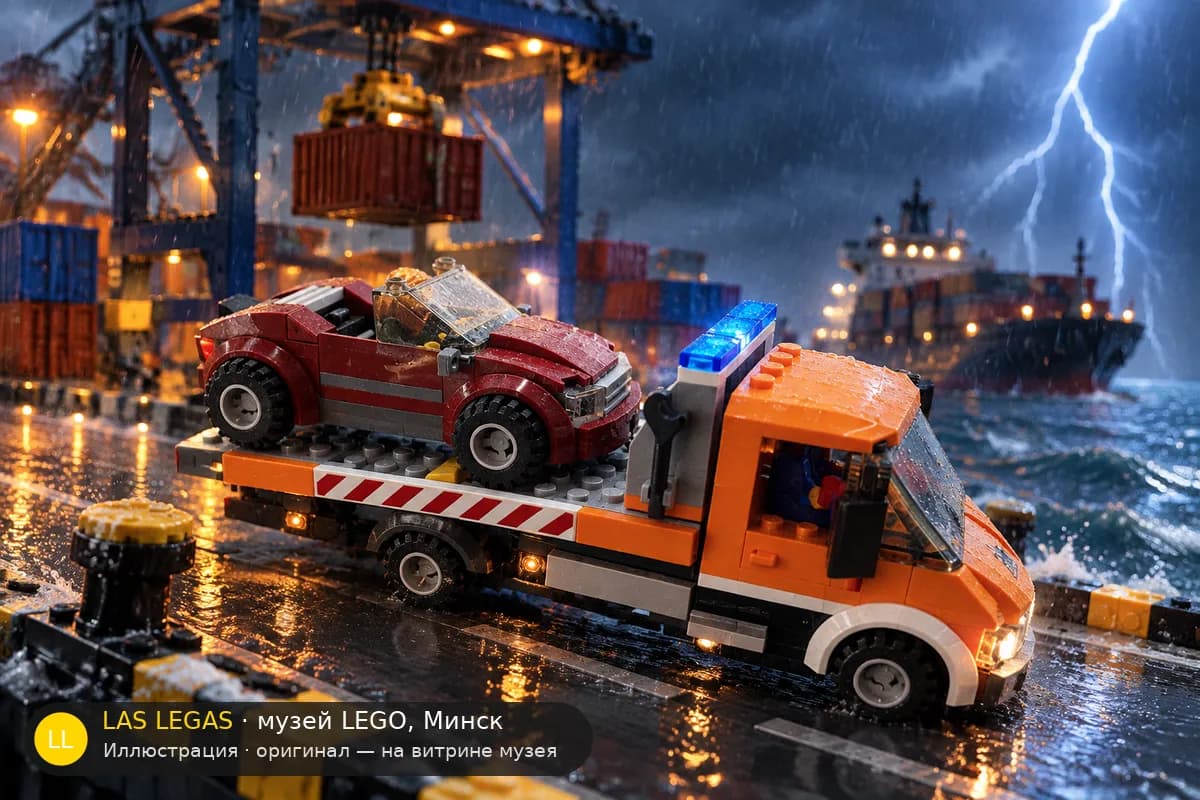 Иллюстрация: LEGO 60017 Эвакуатор (Flatbed Truck) в диораме своего сюжета