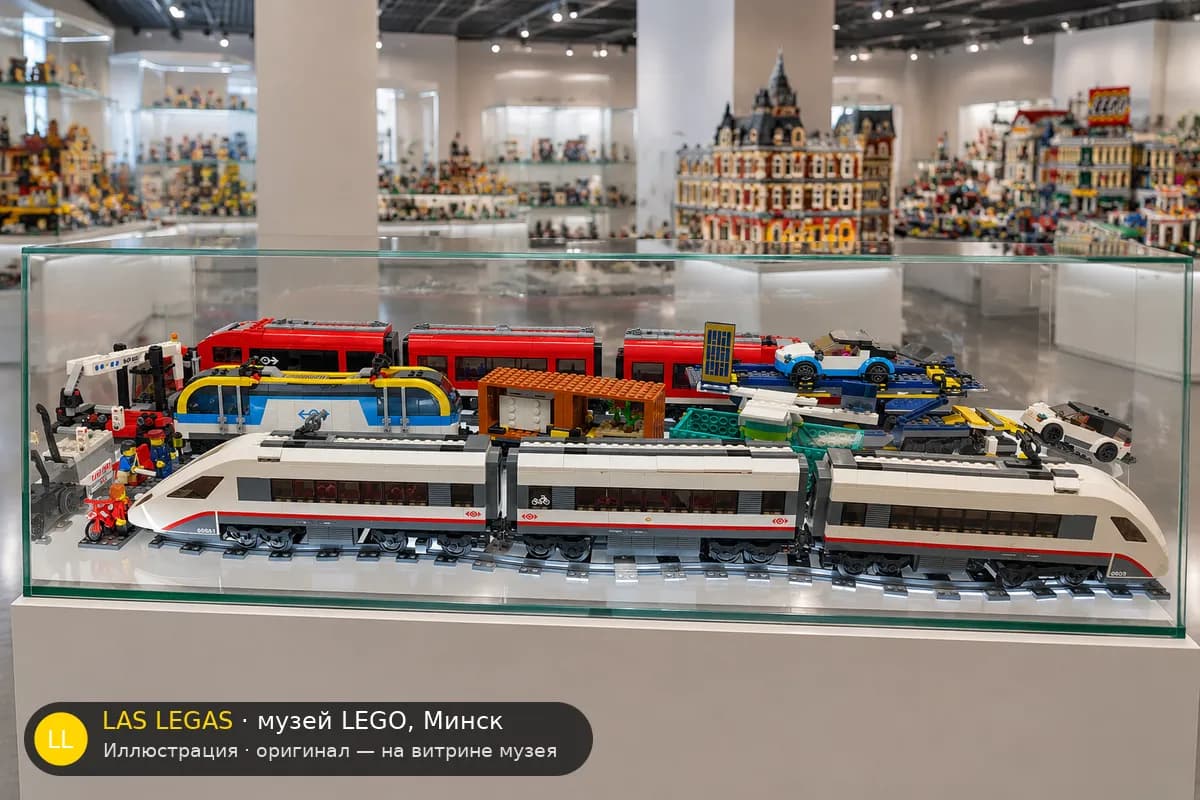 Иллюстрация: LEGO 60051 Скоростной пассажирский поезд на витрине в зале музея Las Legas