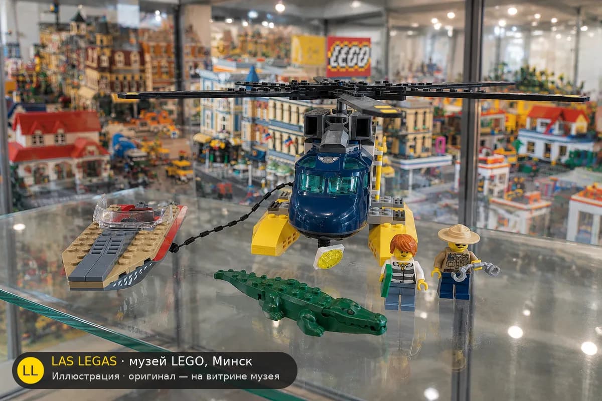 Иллюстрация: LEGO 60067 Погоня на вертолёте на витрине в зале музея Las Legas