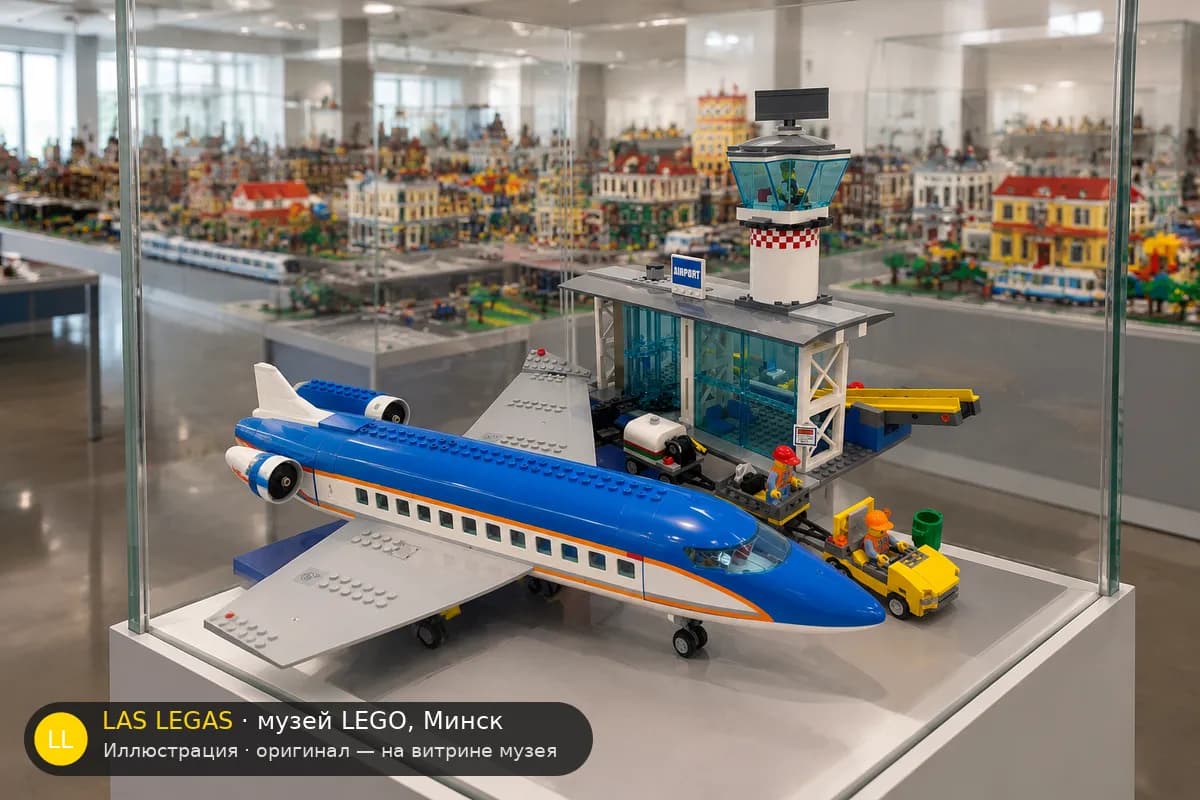 Иллюстрация: LEGO 60104 Аэропорт: пассажирский терминал на витрине в зале музея Las Legas