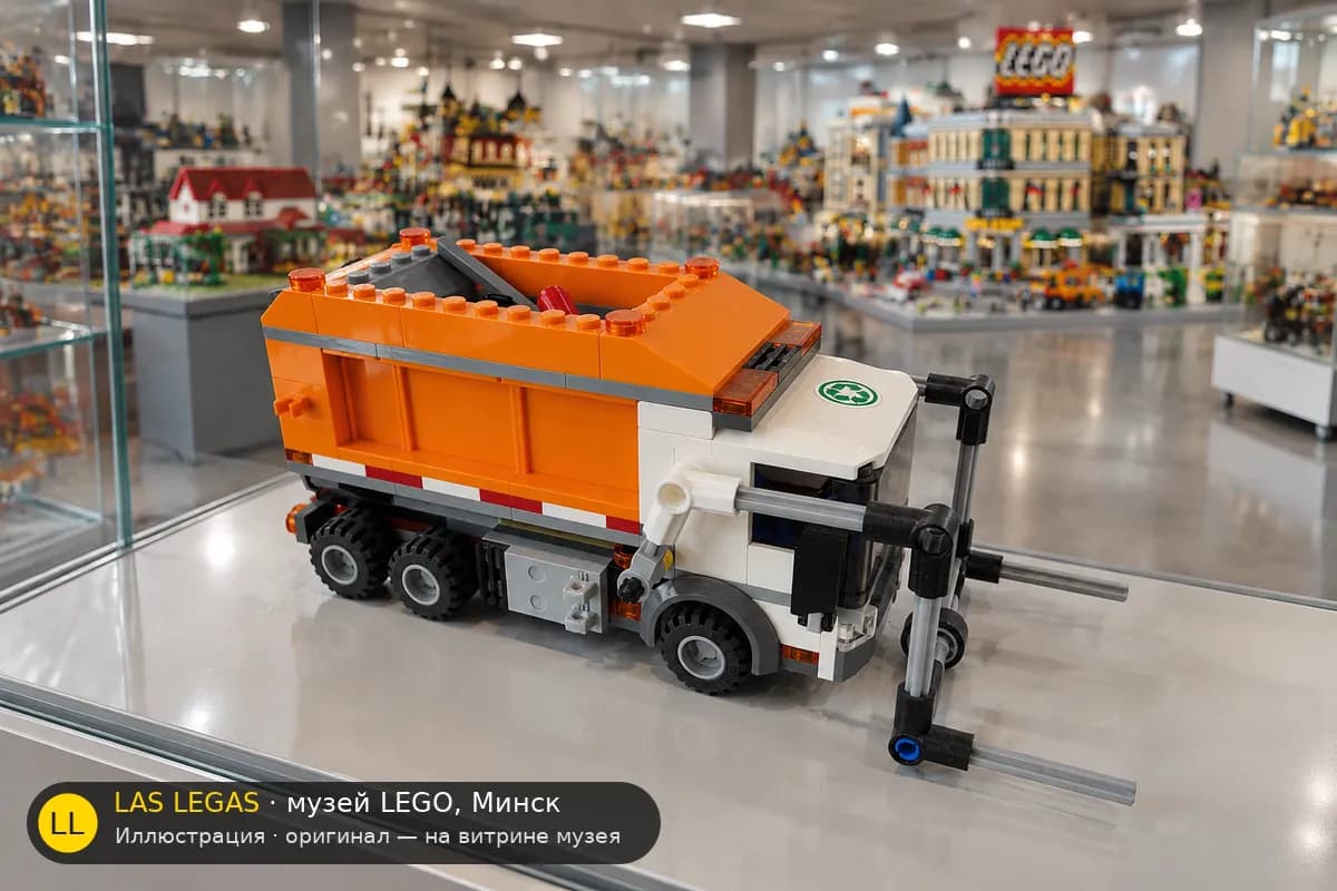 Иллюстрация: LEGO 60118 Мусоровоз на витрине в зале музея Las Legas