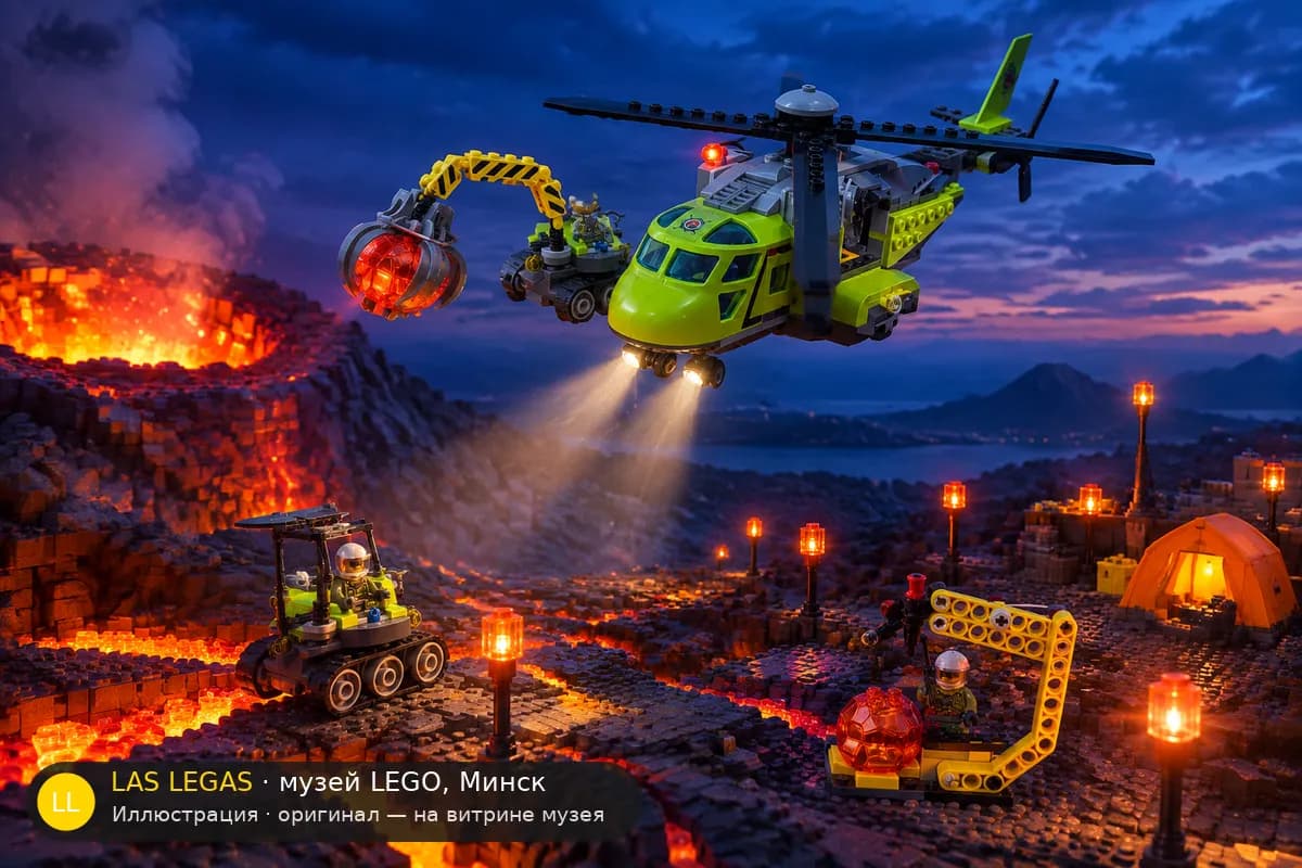 Иллюстрация: LEGO 60123 Вертолёт снабжения вулканологов в диораме своего сюжета