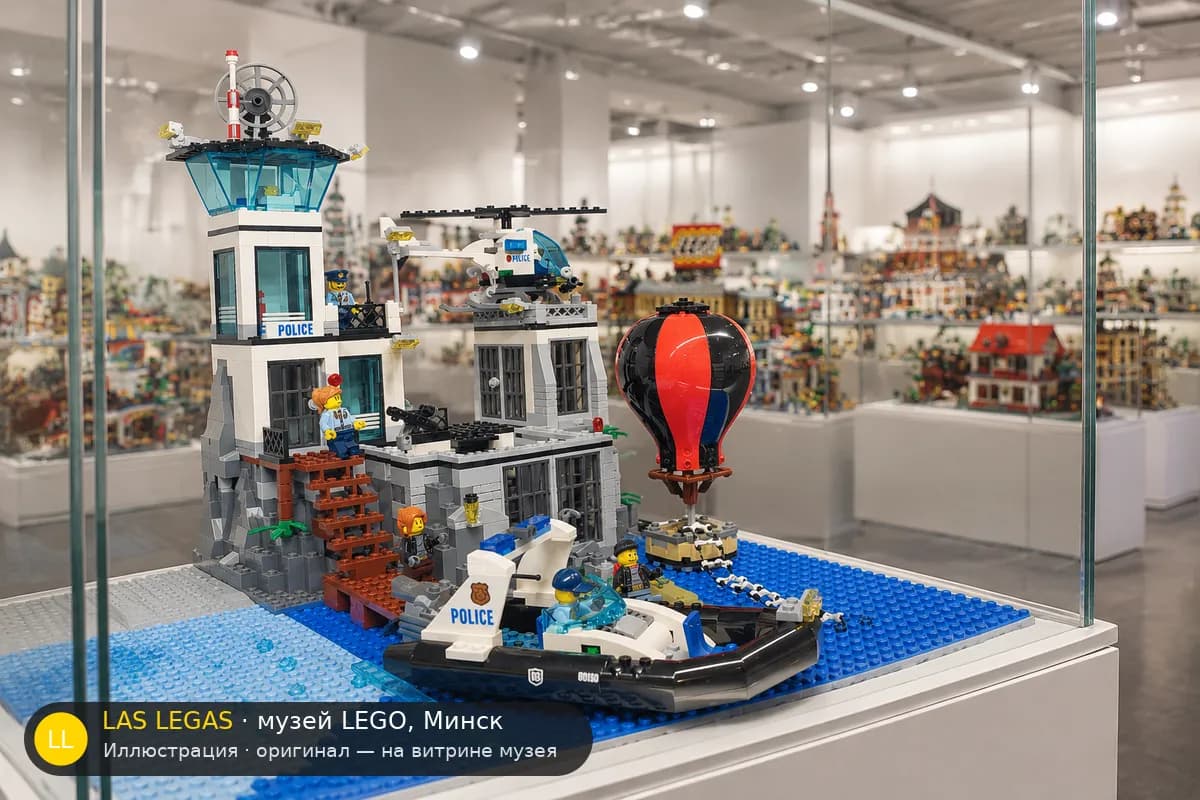 Иллюстрация: LEGO 60130 Остров-тюрьма на витрине в зале музея Las Legas