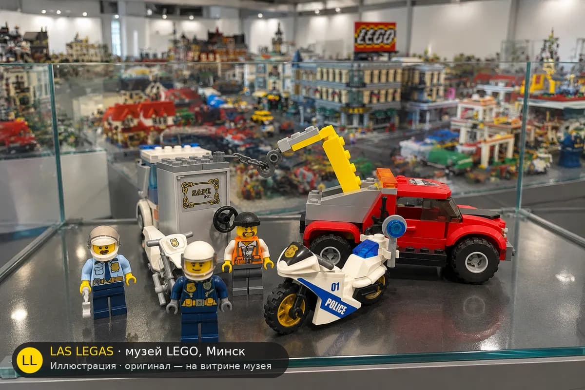 Иллюстрация: LEGO 60137 Побег на буксировщике на витрине в зале музея Las Legas