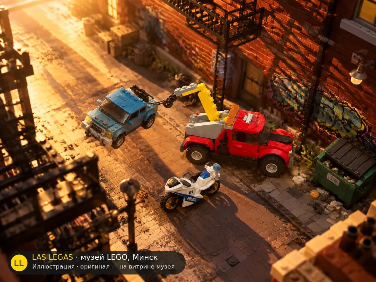 Иллюстрация: LEGO 60137 Побег на буксировщике в диораме своего сюжета