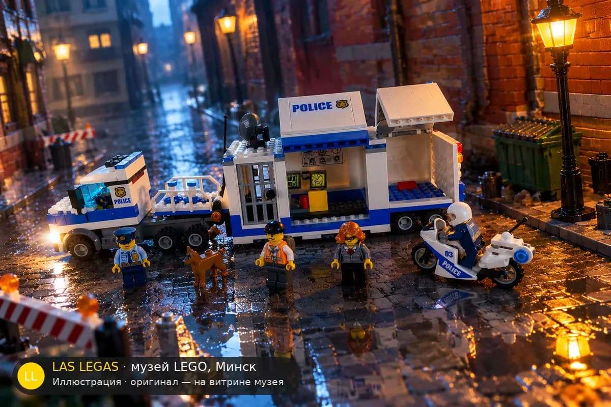 Иллюстрация: LEGO 60139 Мобильный командный центр полиции в диораме своего сюжета