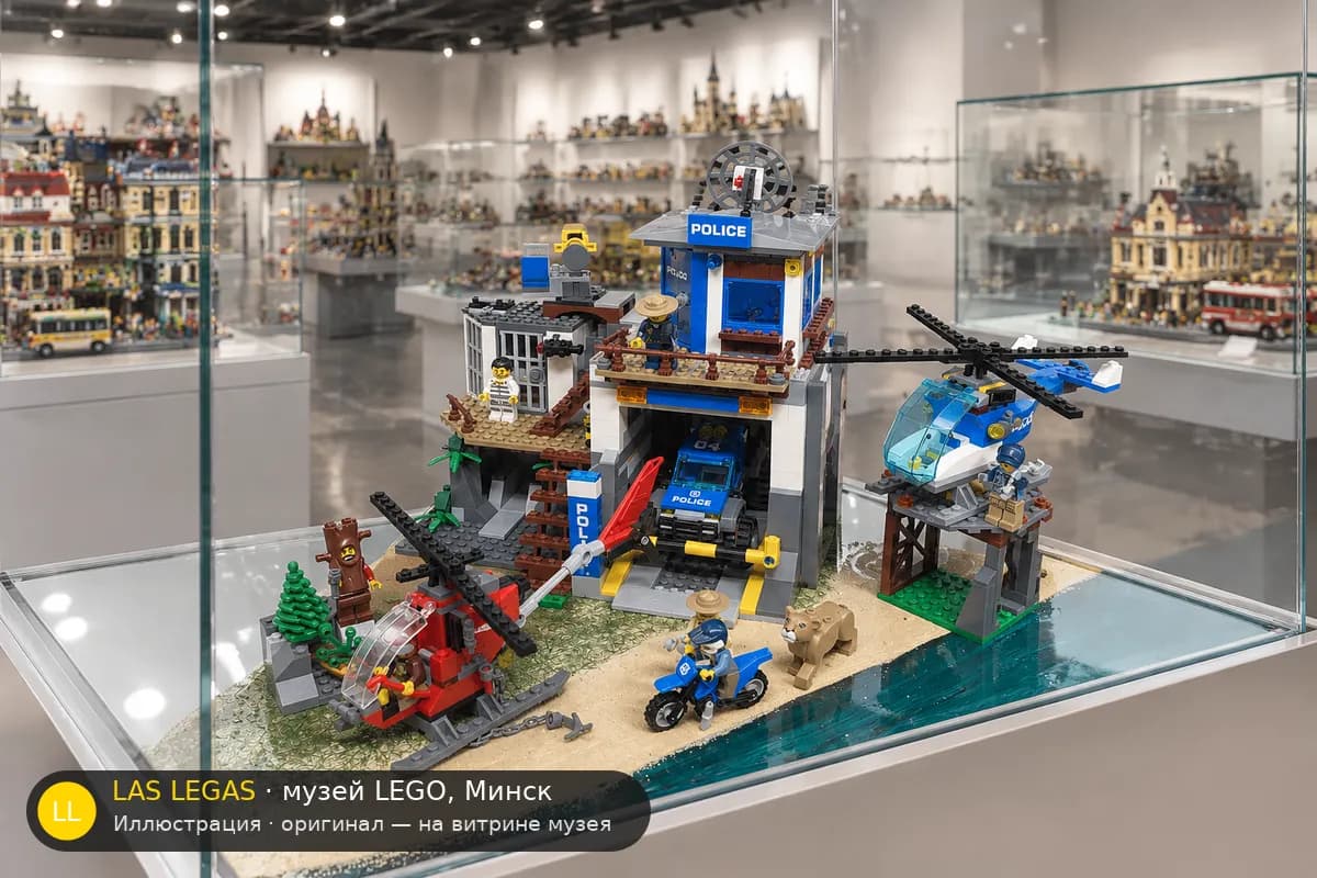 Иллюстрация: LEGO 60174 Горный полицейский участок на витрине в зале музея Las Legas