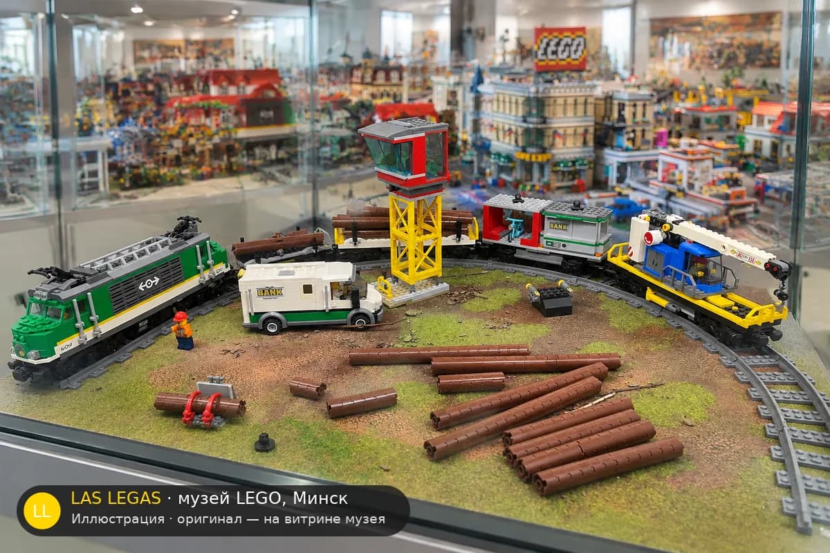 Иллюстрация: LEGO 60198 Грузовой поезд на витрине в зале музея Las Legas