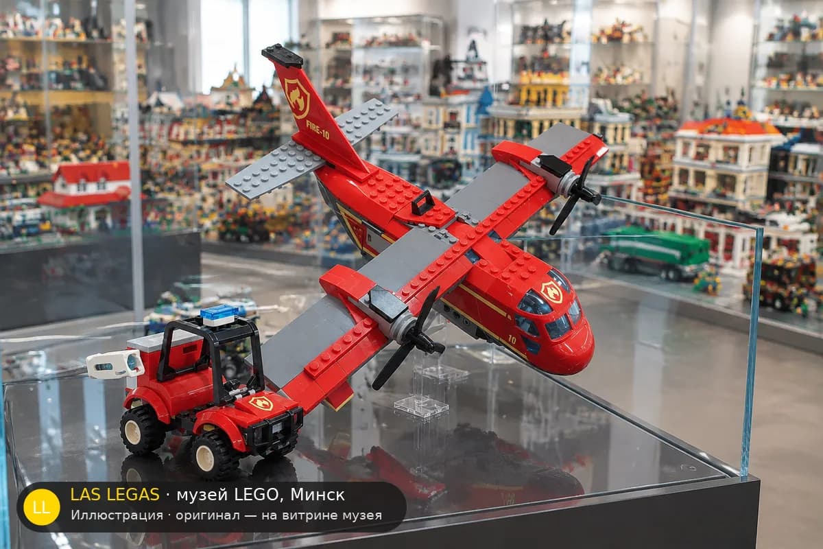 Иллюстрация: LEGO 60217 Пожарный самолёт на витрине в зале музея Las Legas