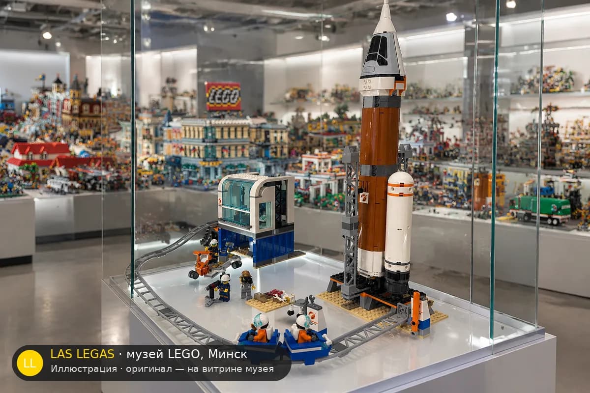 Иллюстрация: LEGO 60228 Глубокий космос: ракета и центр управления запуском на витрине в зале музея Las Legas