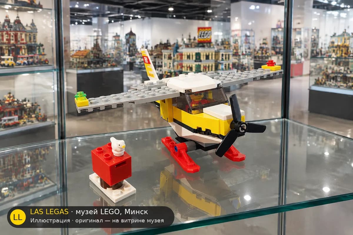 Иллюстрация: LEGO 60250 Почтовый самолёт на витрине в зале музея Las Legas