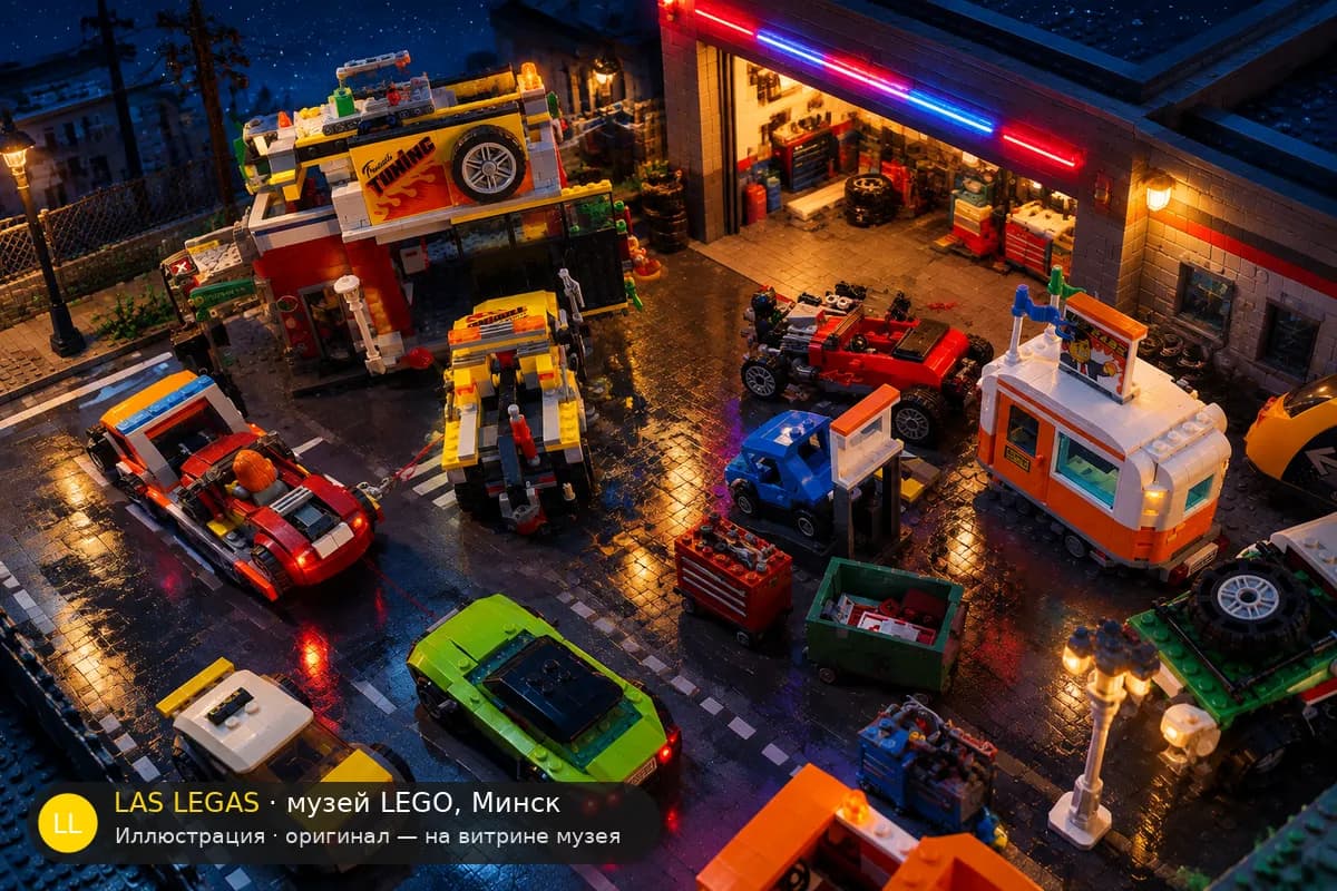 Иллюстрация: LEGO 60258 Мастерская тюнинга в диораме своего сюжета