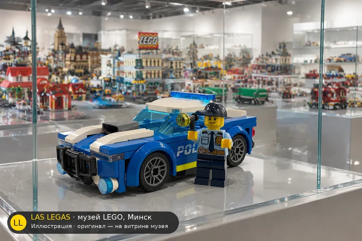 Иллюстрация: LEGO 60312 Полицейская машина на витрине в зале музея Las Legas