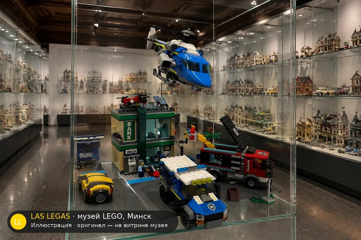 Иллюстрация: LEGO 60317 Погоня у банка на витрине в зале музея Las Legas