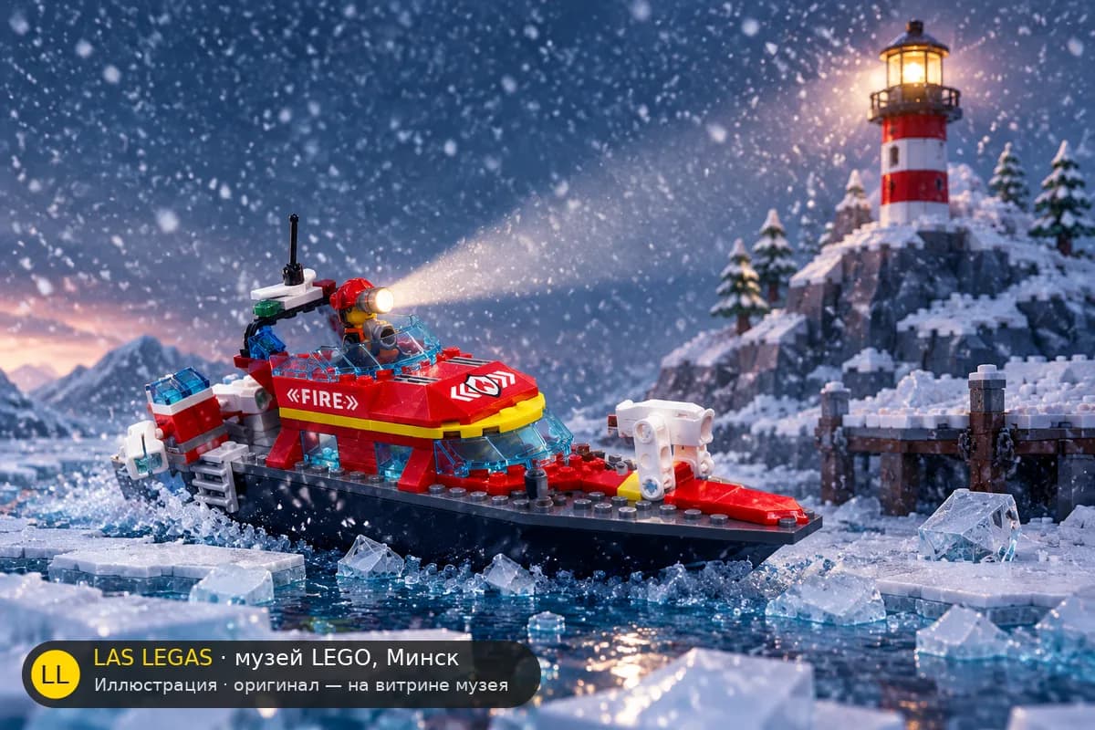 Иллюстрация: LEGO 60373 Пожарный катер в диораме своего сюжета
