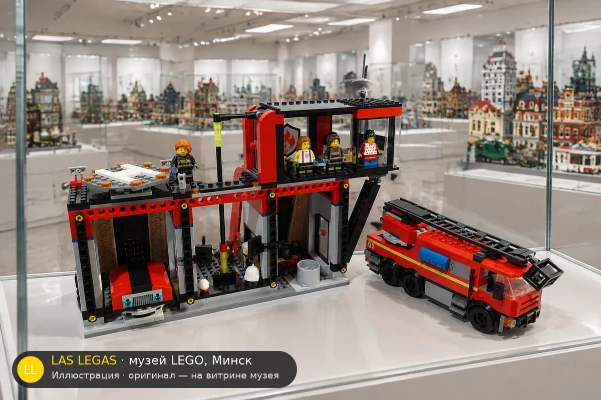 Иллюстрация: LEGO 60414 Пожарная станция с пожарной машиной на витрине в зале музея Las Legas