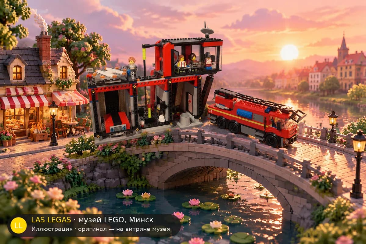 Иллюстрация: LEGO 60414 Пожарная станция с пожарной машиной в диораме своего сюжета