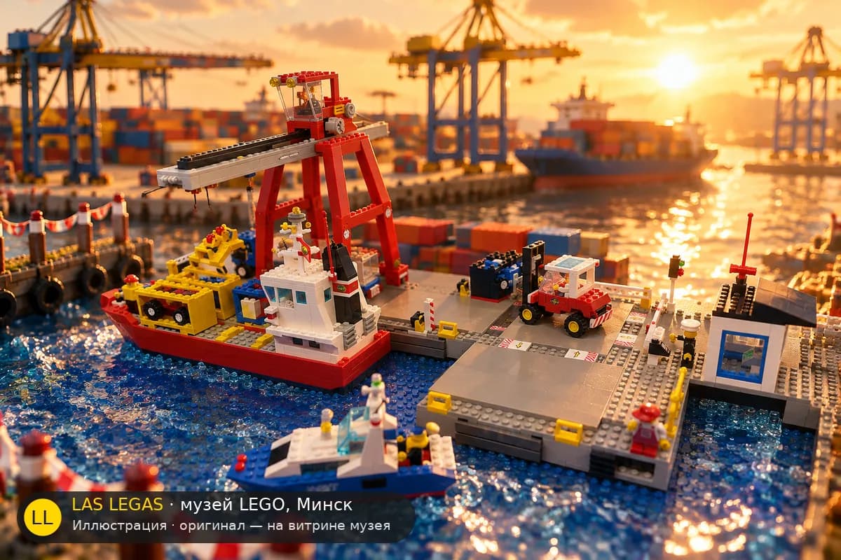 Иллюстрация: LEGO 6542 Морской порт с краном в диораме своего сюжета