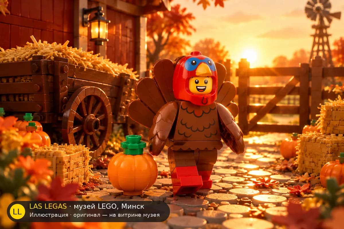 Иллюстрация: LEGO 71034 Костюм индейки в диораме своего сюжета
