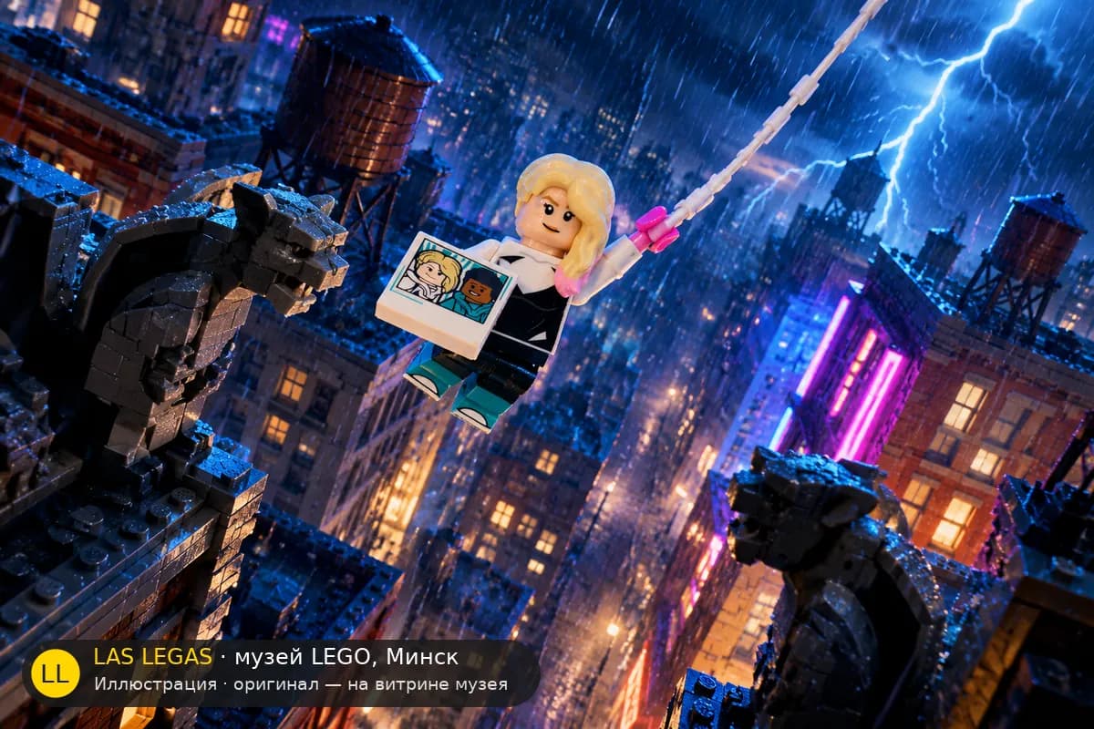 Иллюстрация: LEGO 71050 Гвен Стейси / Женщина-паук в диораме своего сюжета