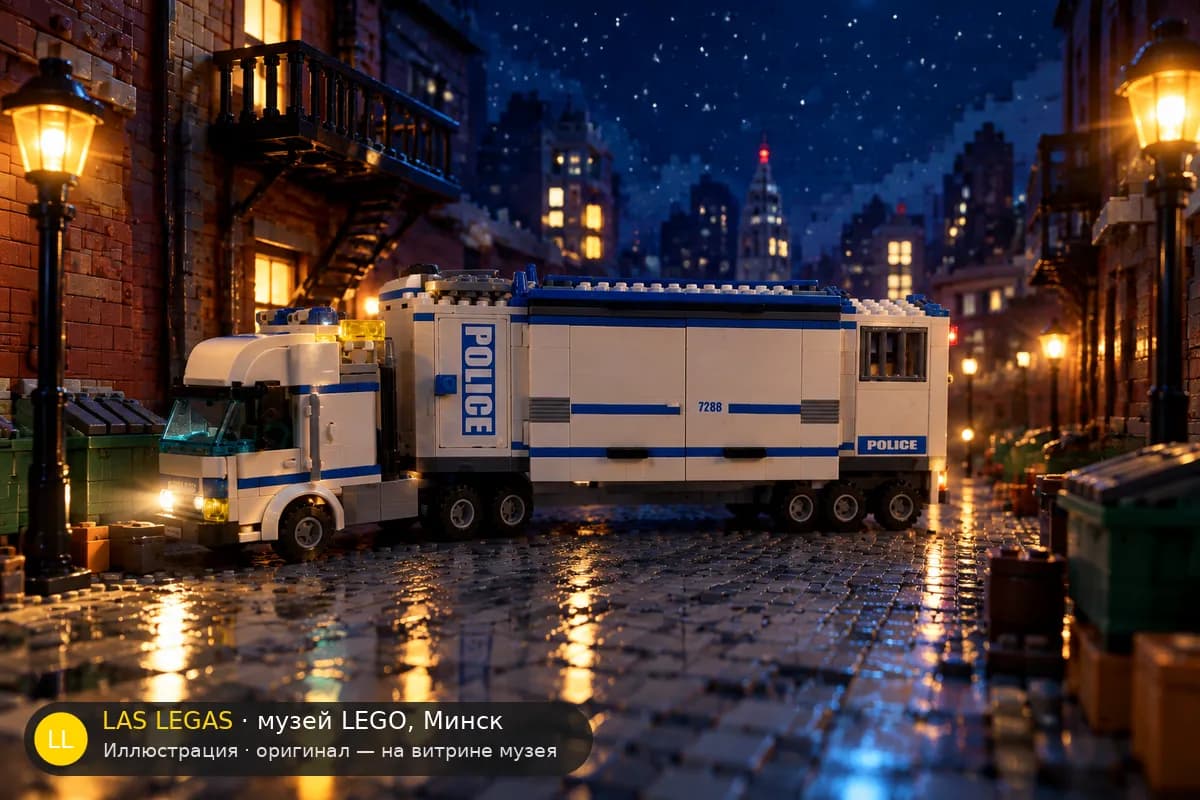 Иллюстрация: LEGO 7288 Мобильный полицейский участок в диораме своего сюжета