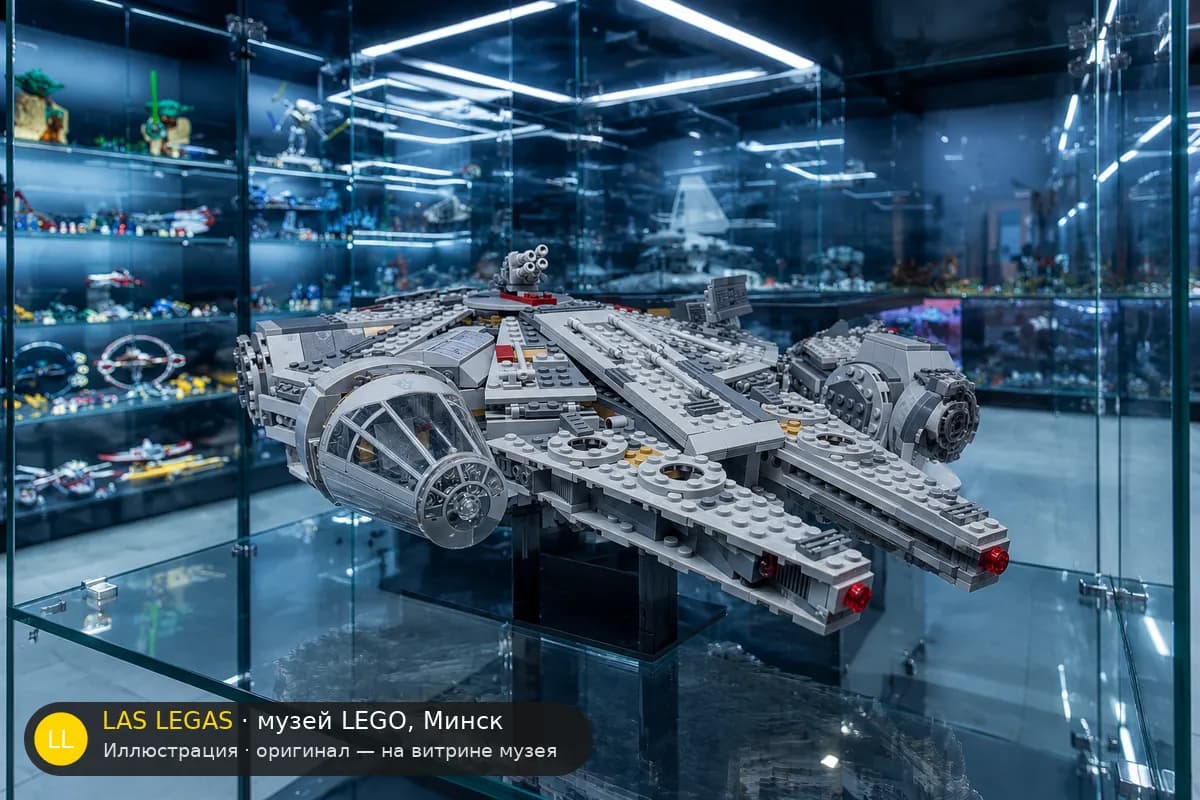 Иллюстрация: LEGO 75105 Сокол Тысячелетия на витрине в зале музея Las Legas