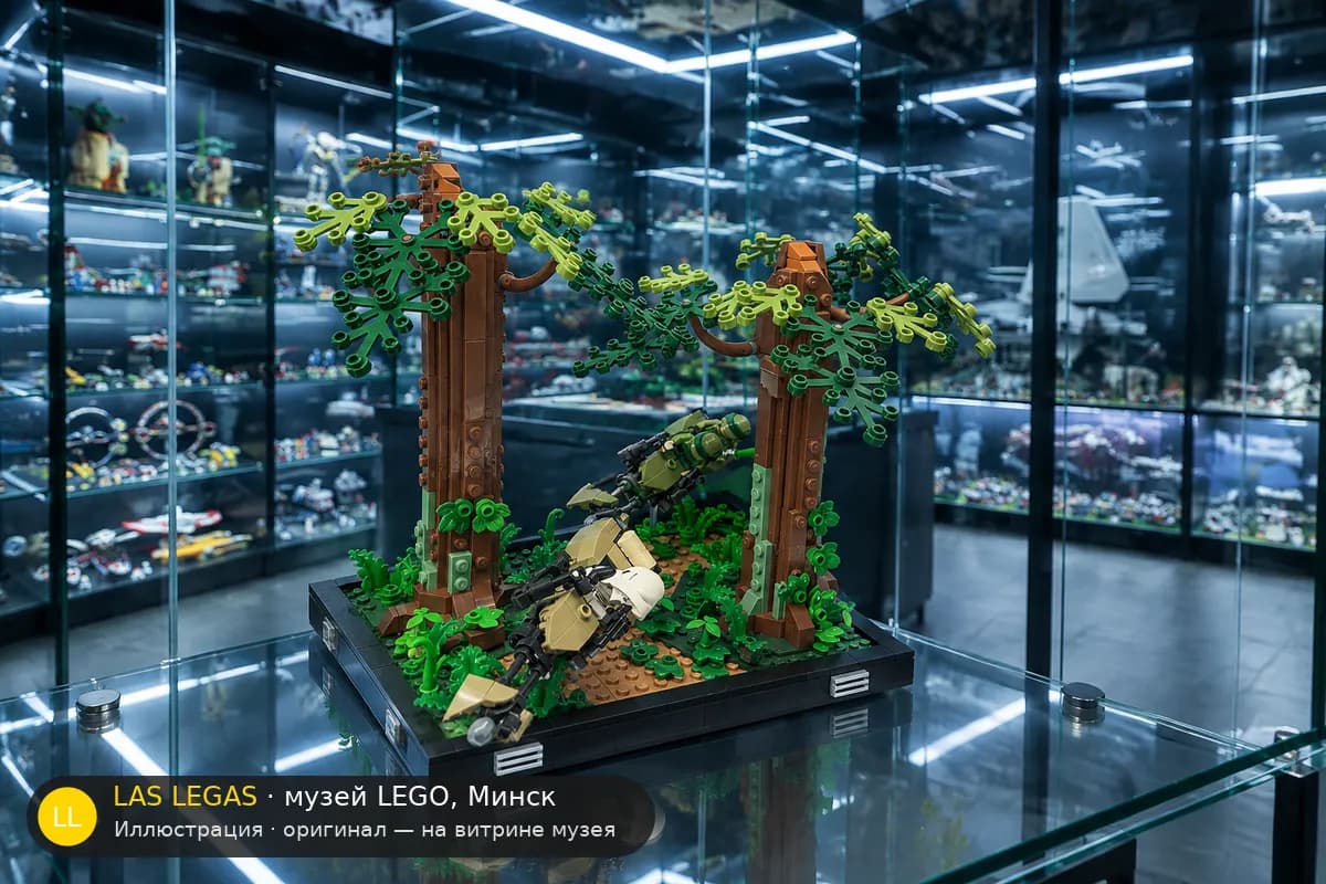 Иллюстрация: LEGO 75353 Гонка на Эндоре на витрине в зале музея Las Legas