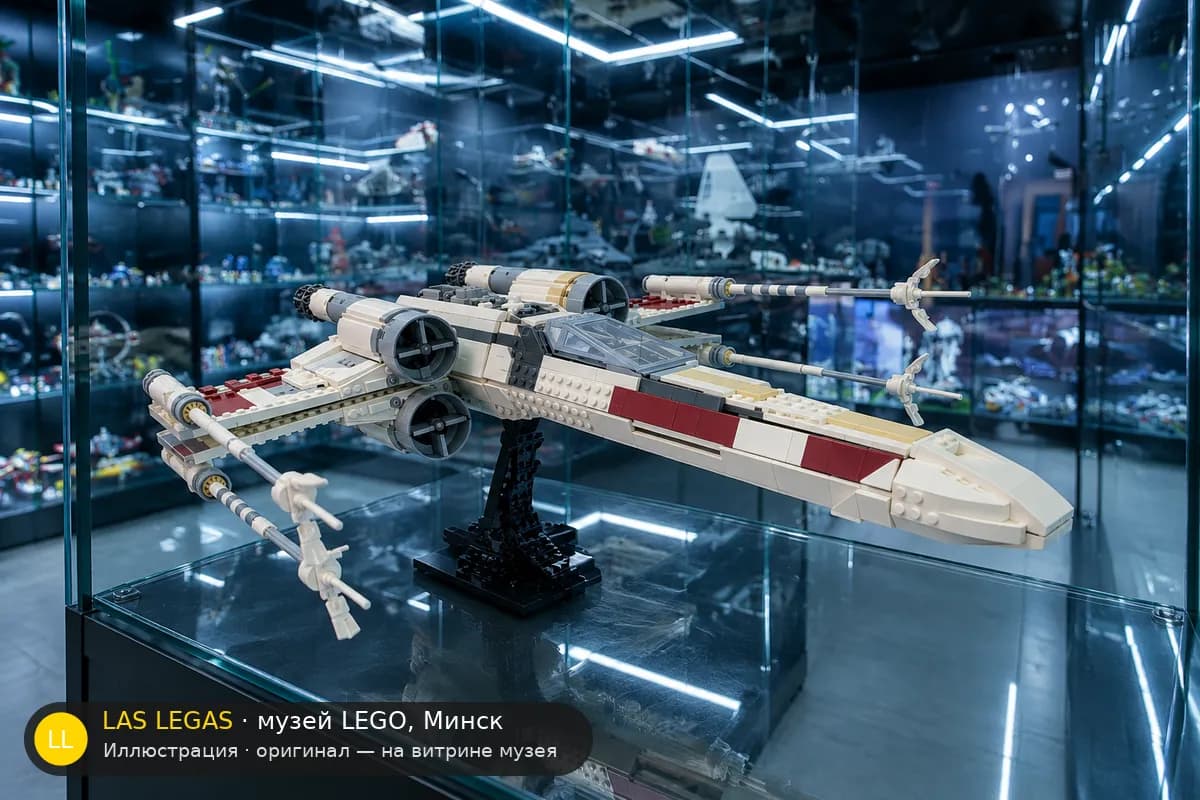 Иллюстрация: LEGO 75355 X-wing Starfighter на витрине в зале музея Las Legas