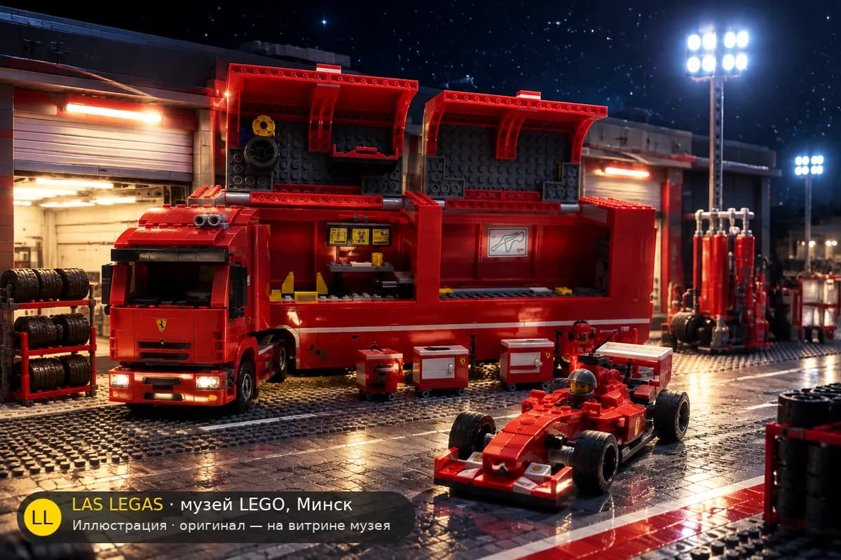 Иллюстрация: LEGO 75913 F14 T и грузовик Scuderia Ferrari в диораме своего сюжета