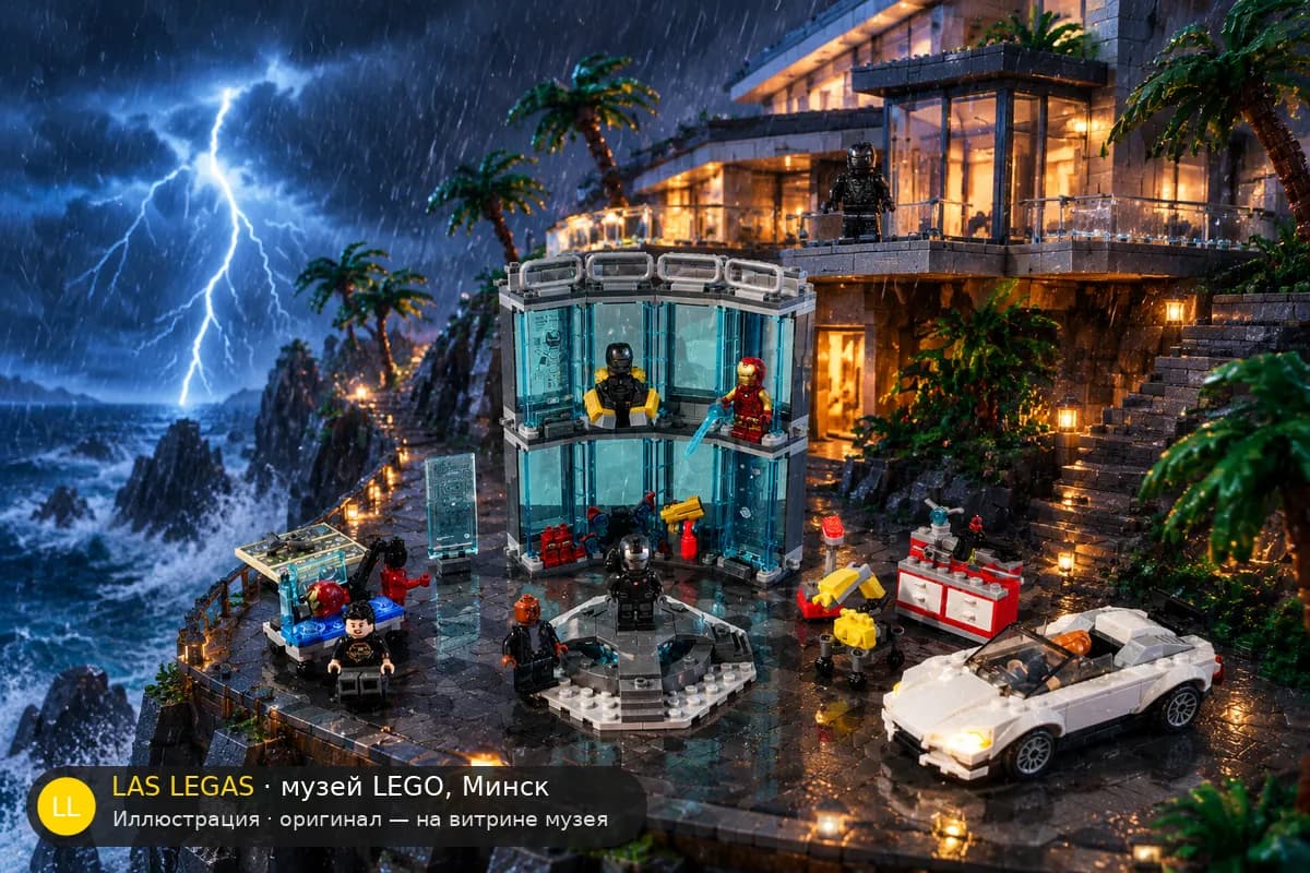 Иллюстрация: LEGO 76216 Броня Железного человека в диораме своего сюжета
