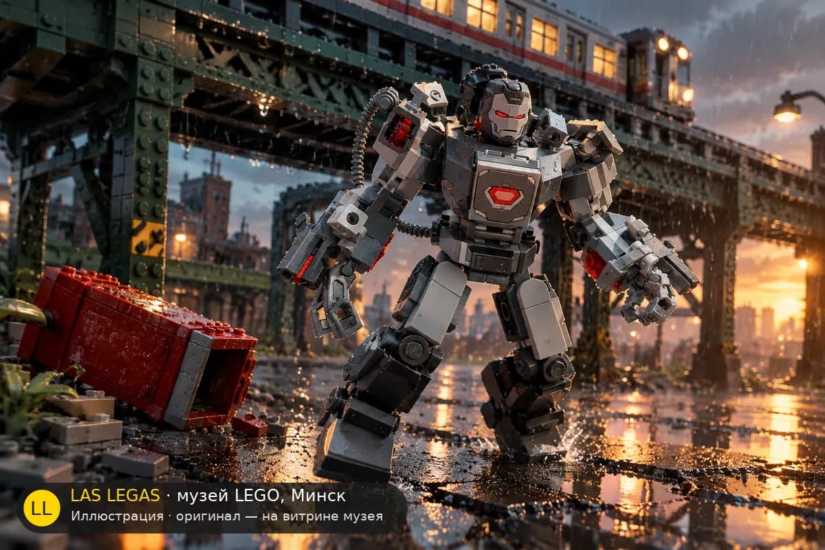 Иллюстрация: LEGO 76277 War Machine Mech Armor в диораме своего сюжета