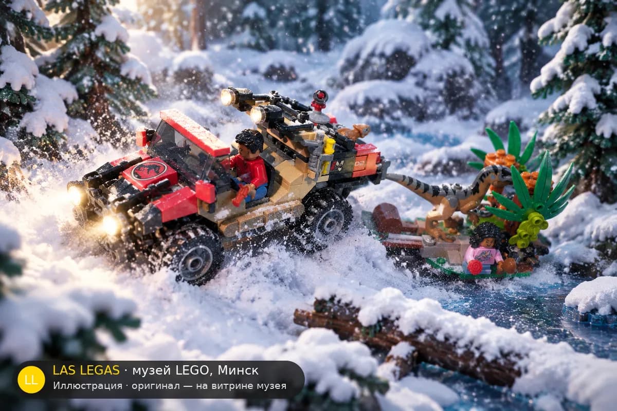 Иллюстрация: LEGO 76972 Побег от рапторов на внедорожнике в диораме своего сюжета